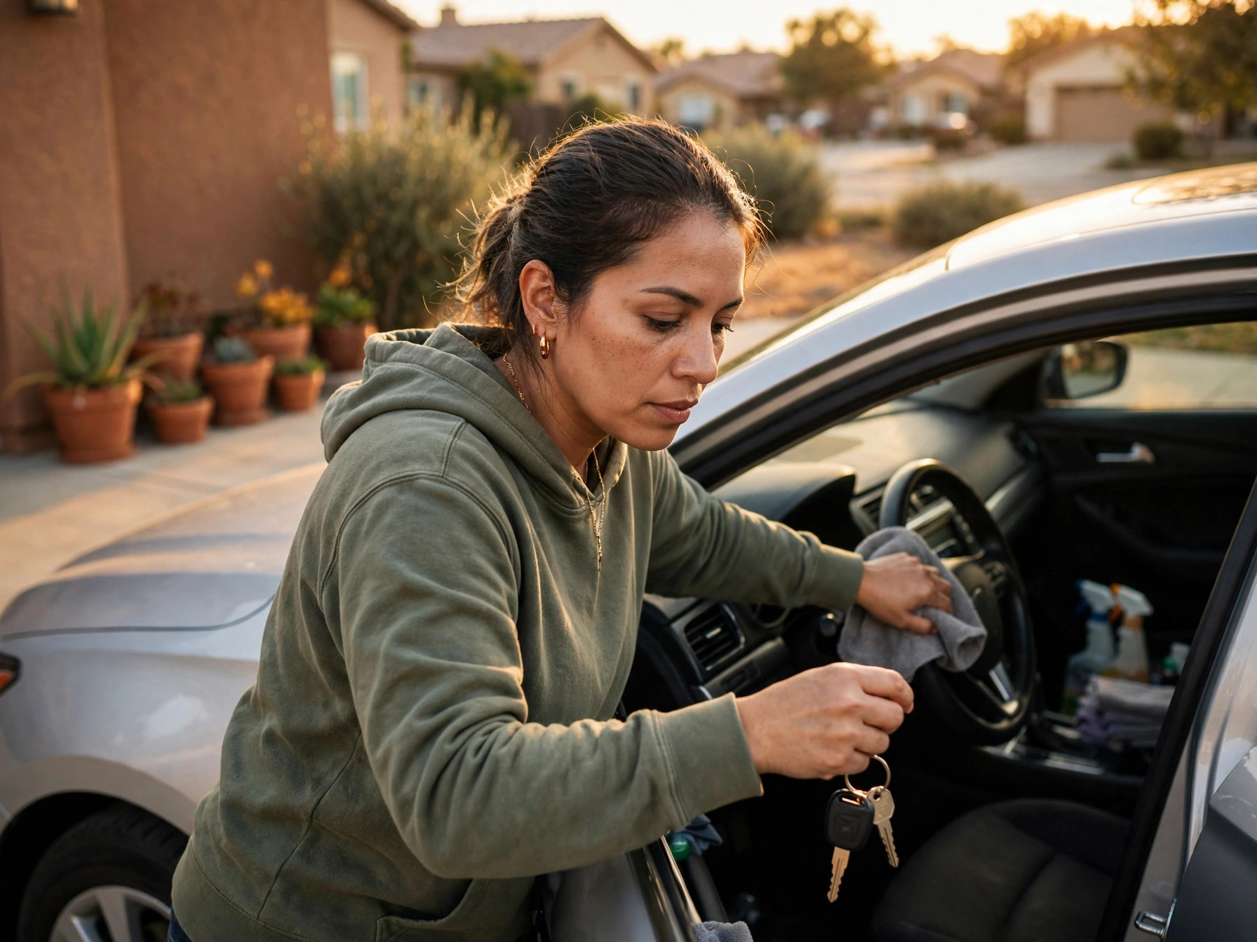 Mujer limpiando el tablero de un carro antes de rentarlo
