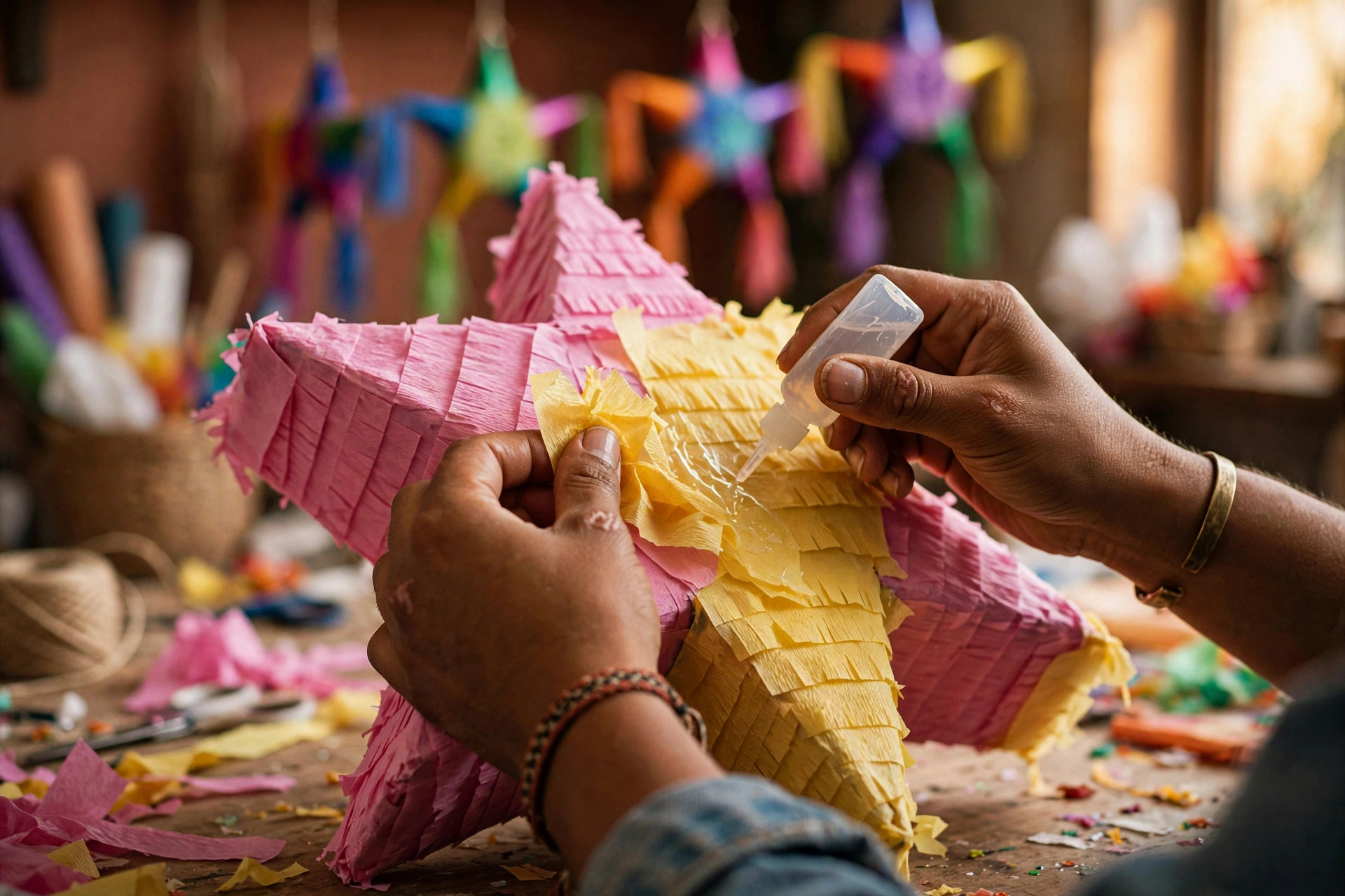 Manos de artesana decorando una piñata de estrella